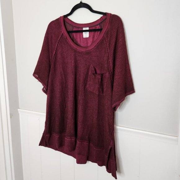 Free People Tops - FREE PEOPLE Dark Red Waffle Thermal Short Sleeve Top